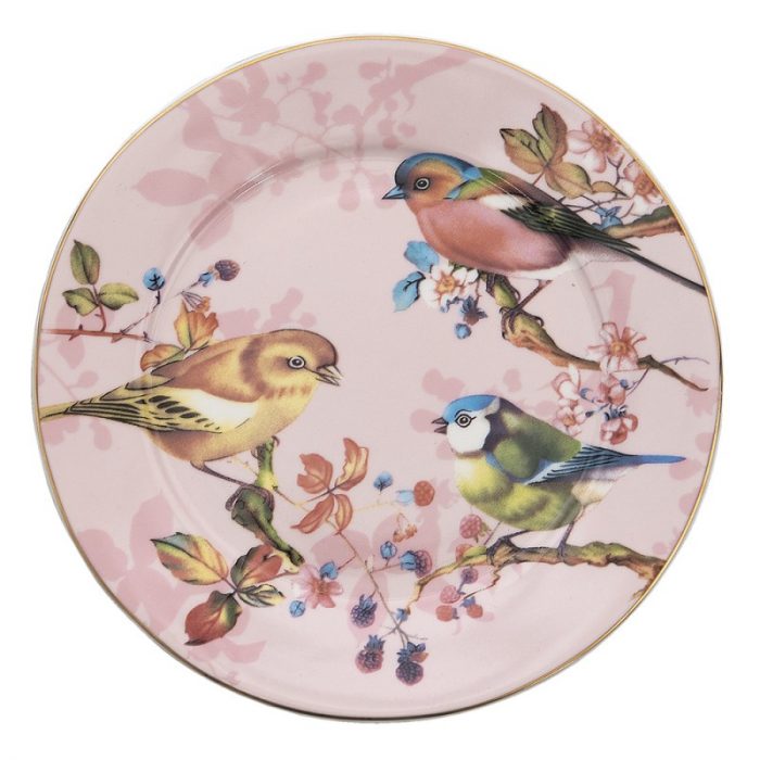 Assiette en porcelaine rose et oiseaux