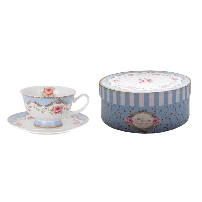 Tasse porcelaine bleue avec son décor floral – Image 2
