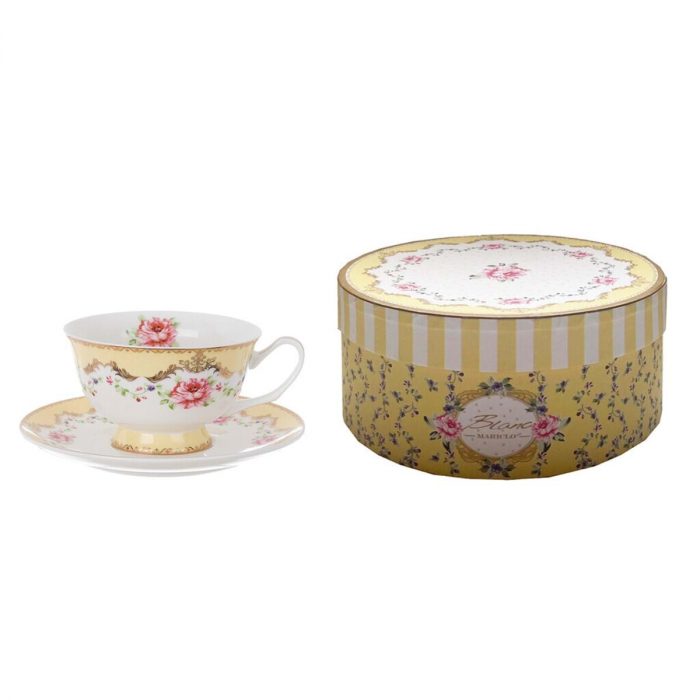 Tasse et soucoupe porcelaine jaune – Image 2