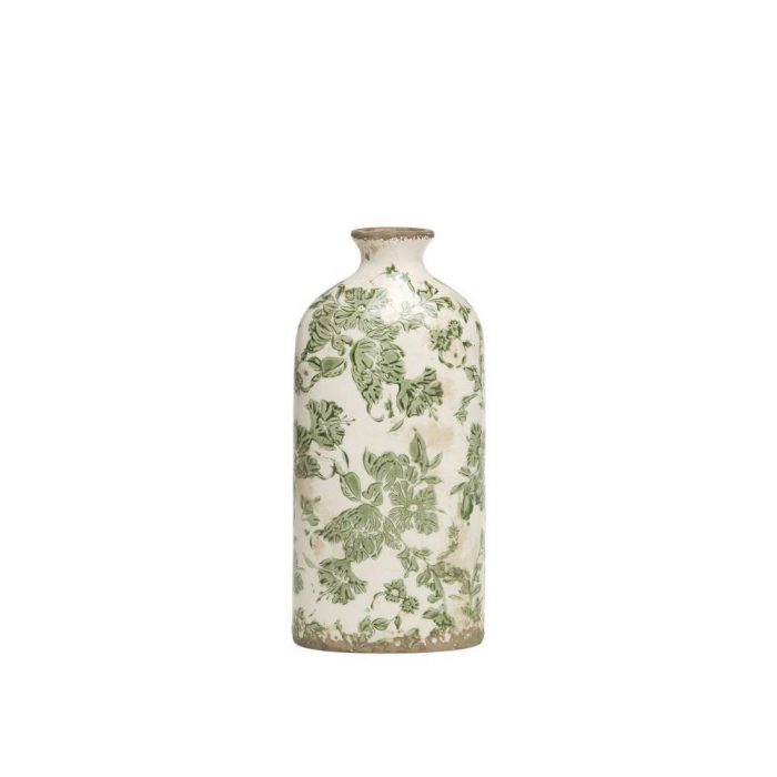Bouteille décor floral olive