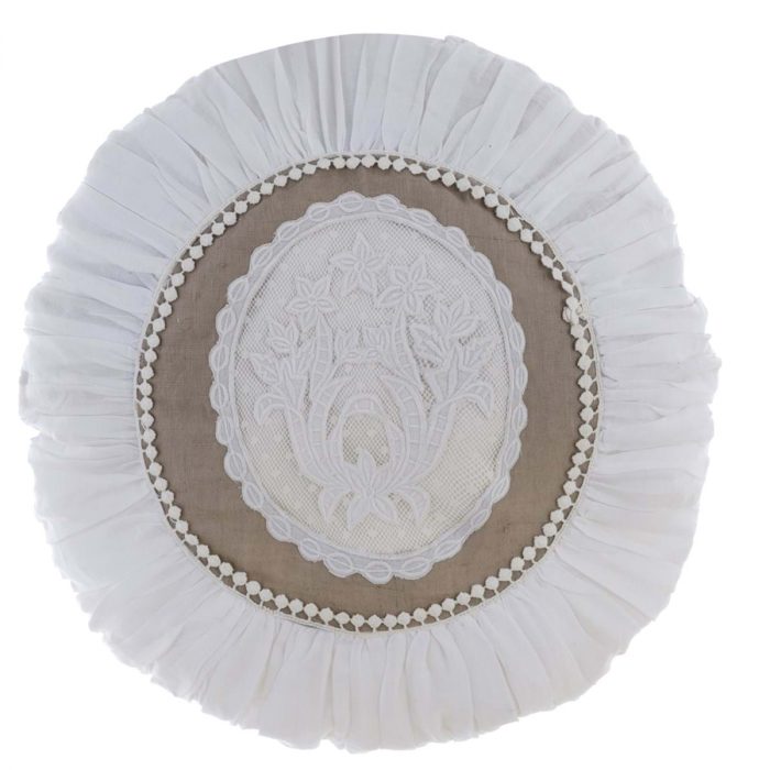 Coussin blanc rond brodé