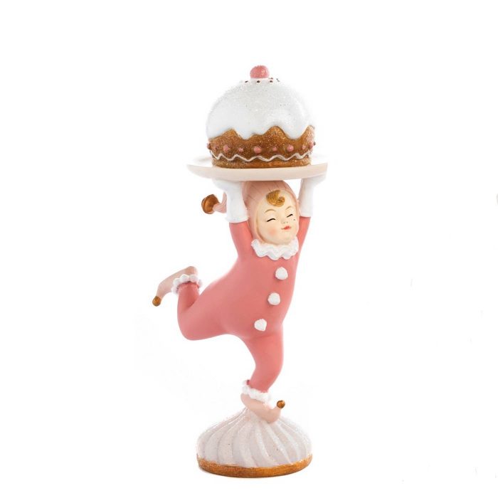 Personnage rose avec plateau et gâteau