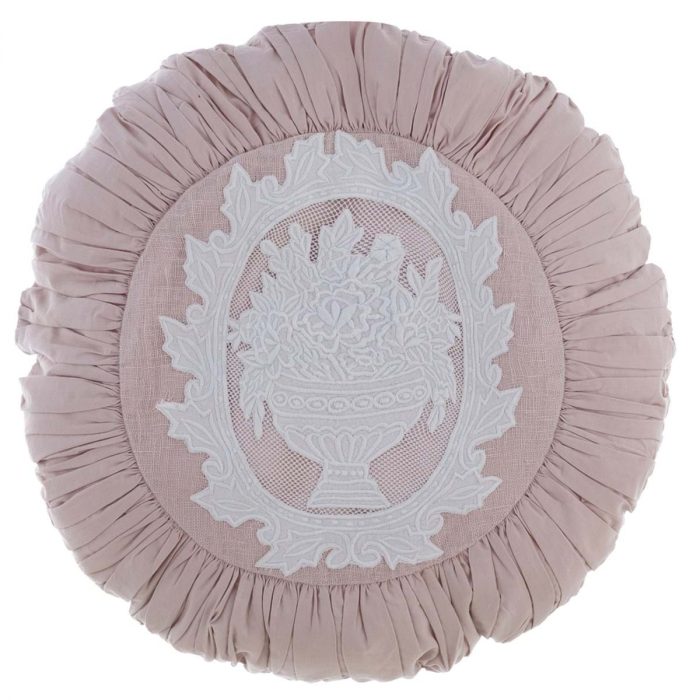 Coussin rond brodé rose