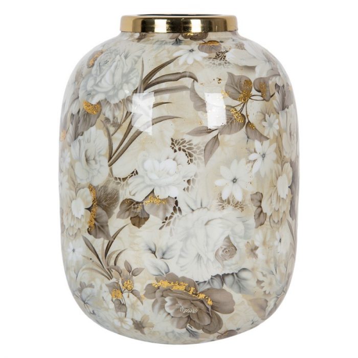 Vase en métal beige imprimé de fleurs – Image 2